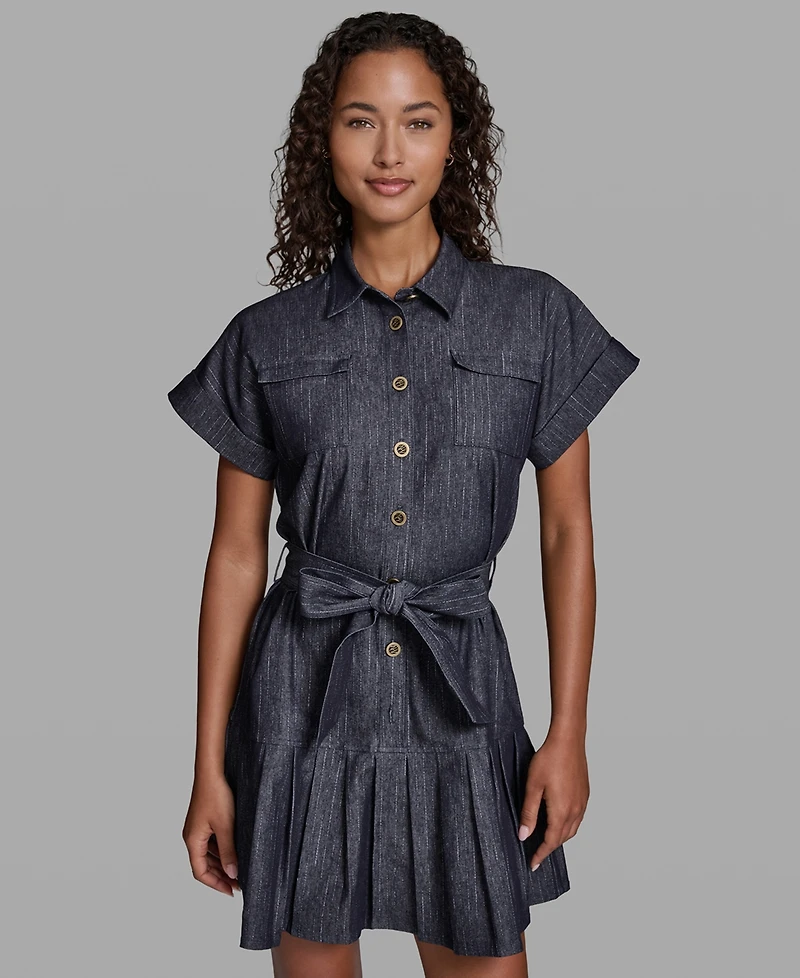 Karl Lagerfeld Paris Women's Denim Pinstripe Collared Shirt Dress