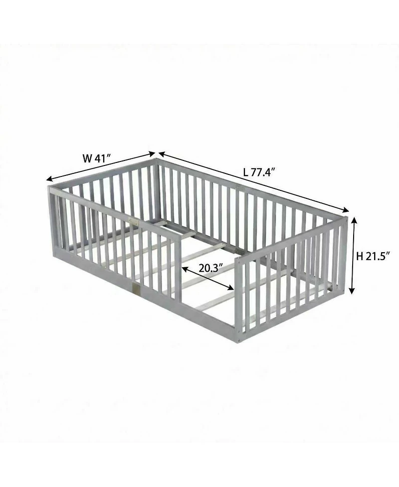 Sailvan Bed with High Fence Railings, Solid Rubber Wood Kids Platform Bed Frame