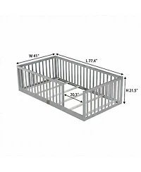 Sailvan Bed with High Fence Railings, Solid Rubber Wood Kids Platform Bed Frame