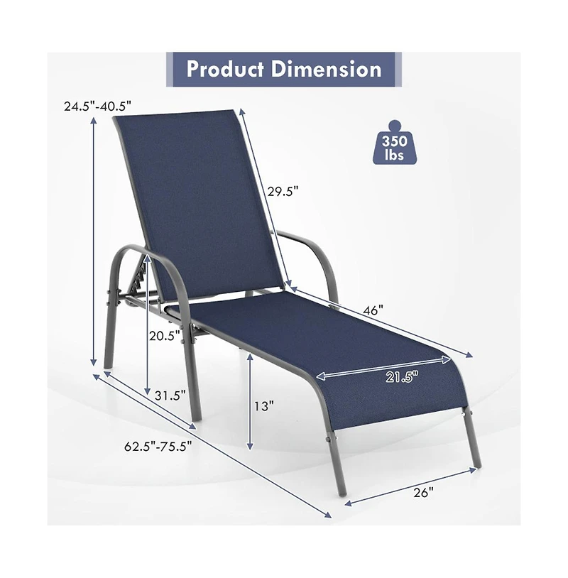 Boyel Living 2 Piece Outdoor Patio Lounge Chair Chaise Fabric with Adjustable Reclining Armrest