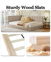 Rainsken L-Shaped Corner Upholstered Daybed, Grid Tufted Velvet Bed Frame with Wooden Slats for Bedroom