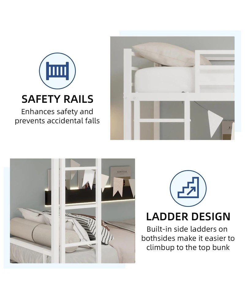 Rainsken Metal Bunk Bed Low Profile Bunkbed, with Ladder and Full-Length Guardrail, Noise Free, No Spring Box Required
