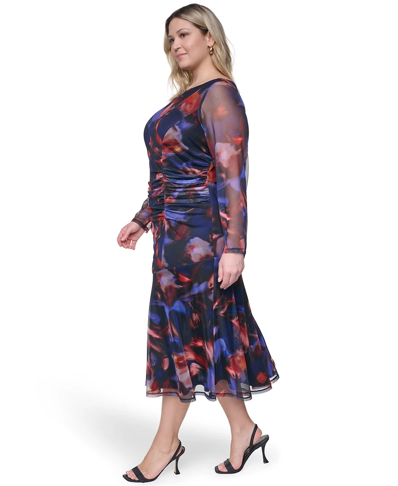 Vince Camuto Plus Printed Side Ruched Mesh Midi Dress