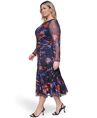Vince Camuto Plus Printed Side Ruched Mesh Midi Dress