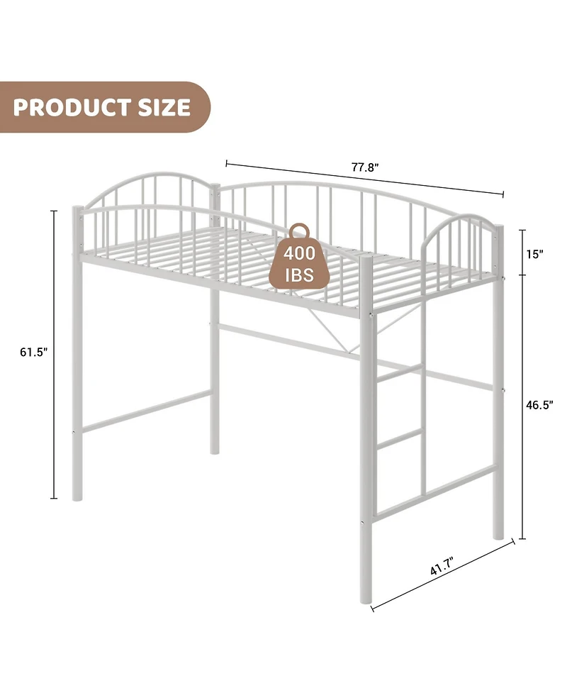 homfan Metal Loft Bed with Arched Guardrail and Ladder, Space-Saving Frame Steel Slats, No Box Spring Needed