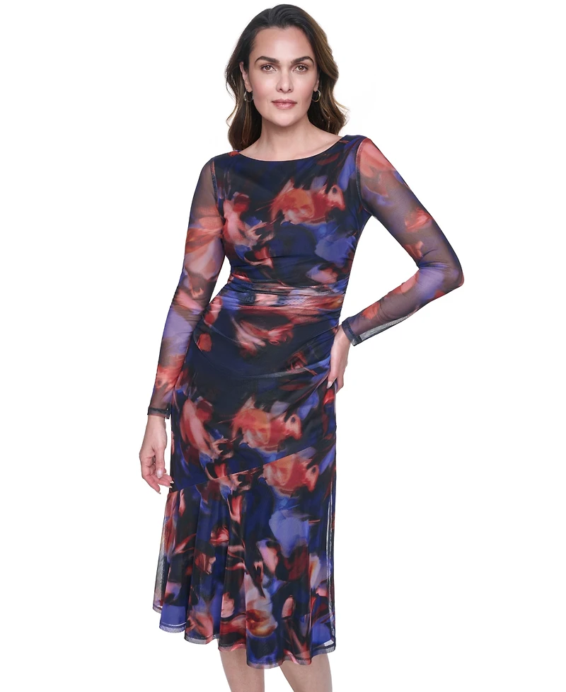 Vince Camuto Petite Long-Sleeve Side Ruched Mesh Midi Dress