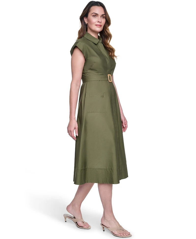 Eliza J Petite Trapunto Stitch Collared Button Down Midi Shirt Dress