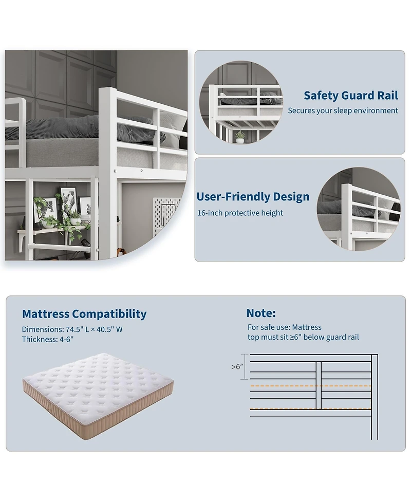 homfan Metal Twin Loft Bed with Desk and Storage Shelves, Space-Saving Frame Guardrails, Ladder Steel Slats