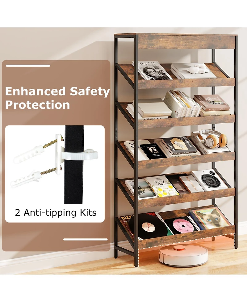 Gymax 6-Tier Bookshelf Industrial Tall Bookcase with Angled Shelves and Metal Frame