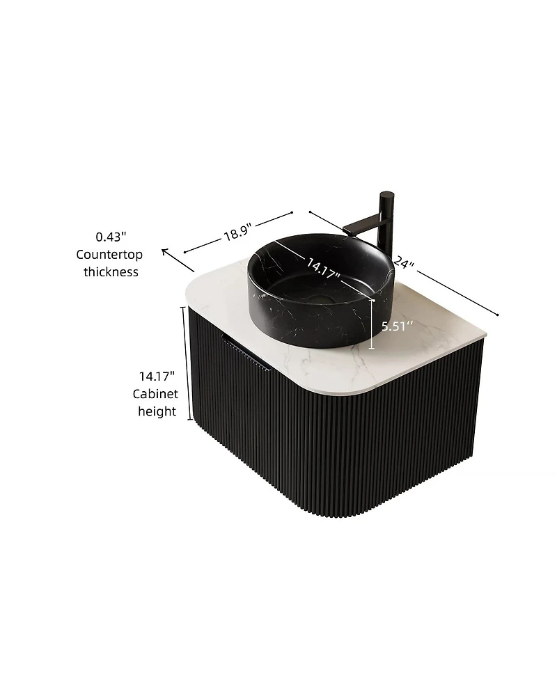 Sillysis Wall Mounted Bathroom Vanity with Sintered Stone Top, Ceramic Round Sink, Stripe Drawer