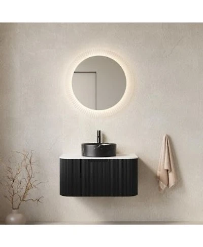 Sillysis Wall Mounted Bathroom Vanity With Sintered Stone Top Ceramic Round Sink Stripe Drawer Pre Assembled