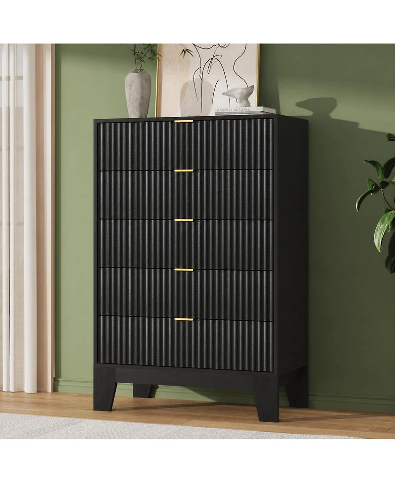 homfan 5 Drawer Dresser for Bedroom, Fluted Chest with Metal Handle, Modern Wooden Tv Stand, Clothes Storage Organizer Hallway, Entryway