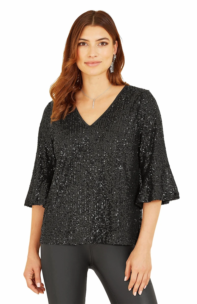 Yumi Women's Sequin V-Neck Fluted Sleeve Top