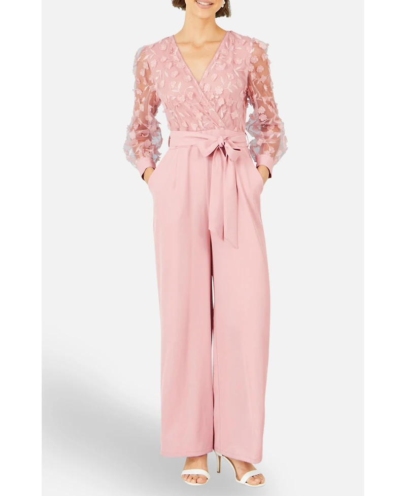 Yumi Women's Sash Waist Floral Applique Wrap Jumpsuit