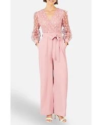 Yumi Women's Sash Waist Floral Applique Wrap Jumpsuit