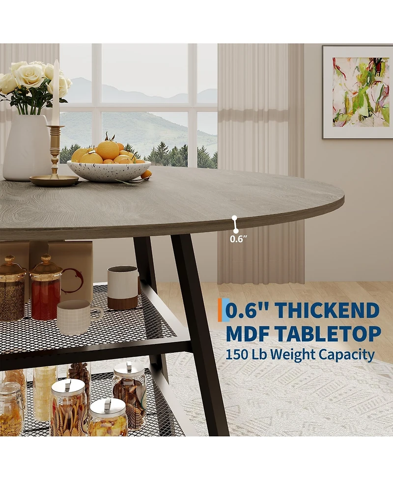gaomon Modern Industrial Round Dining Table For 4-6 - 2-Tier Storage Shelf Sturdy Wood And Metal Construction