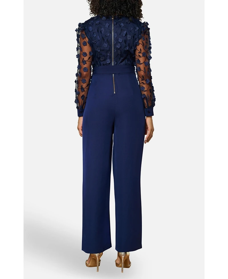 Yumi Women's Sash Waist Floral Applique Wrap Jumpsuit
