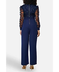 Yumi Women's Sash Waist Floral Applique Wrap Jumpsuit