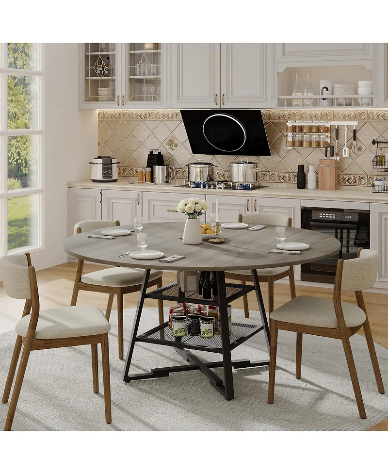 gaomon Modern Industrial Round Dining Table For 4-6 - 2-Tier Storage Shelf Sturdy Wood And Metal Construction