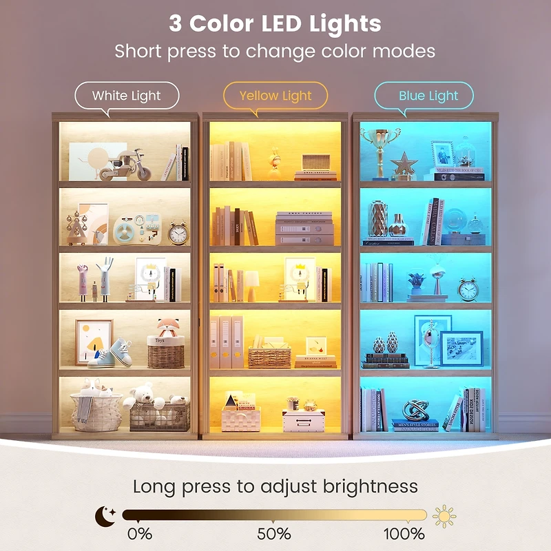 Vlsrka 71" Tall 5-Tier Bookcase, Open Display Shelf with 3-Color Motion Sensor Lights