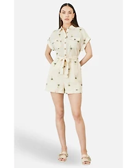 Yumi Women's Embroidered Palm Print Cotton Playsuit