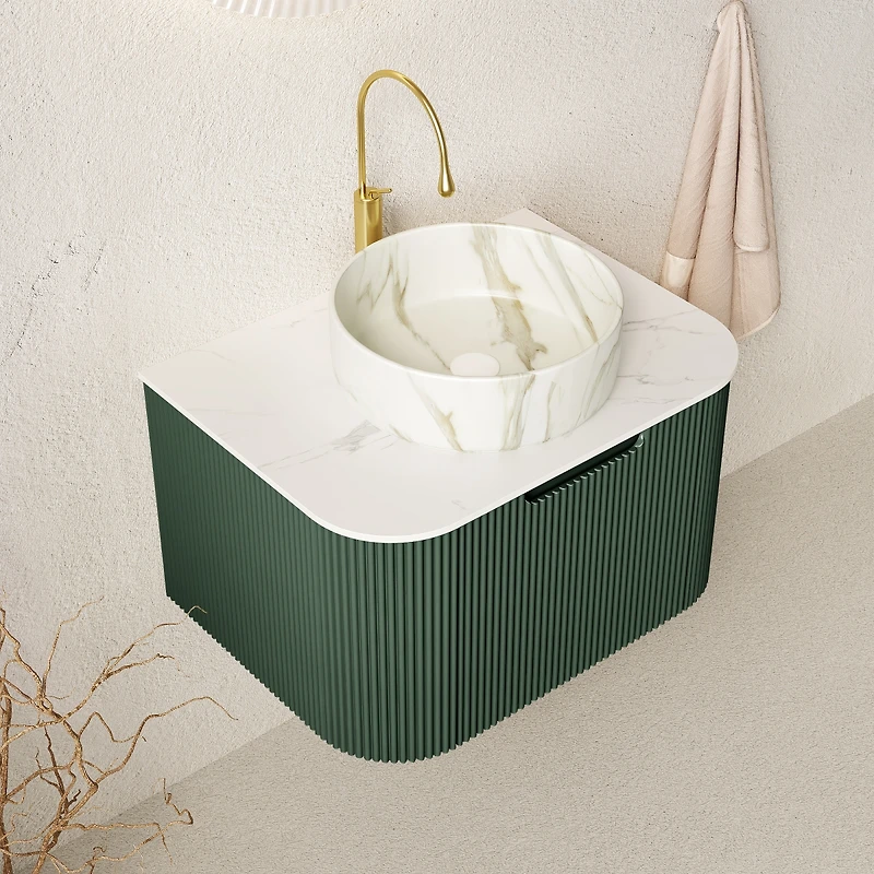 Sillysis Wall Mounted Bathroom Vanity with Sintered Stone Top, Round Ceramic Basin, Stripe Drawer Panel