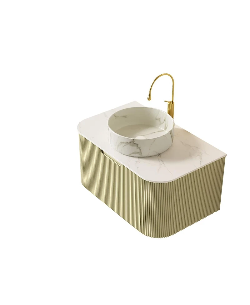 Sillysis Wall Mounted Bathroom Vanity with Sintered Stone Top, Round Ceramic Basin, Stripe Drawer Panel
