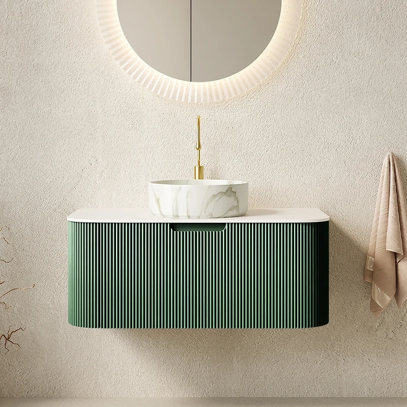 Sillysis Wall Mounted Bathroom Vanity with Sintered Stone Top, Round Ceramic Basin, Stripe Drawer Panel, Pre-assembled