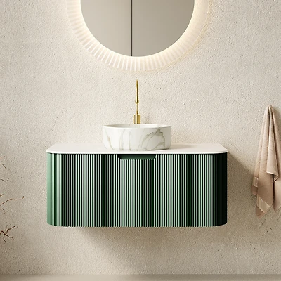 Sillysis Wall Mounted Bathroom Vanity with Sintered Stone Top, Round Ceramic Basin, Stripe Drawer Panel, Pre-assembled