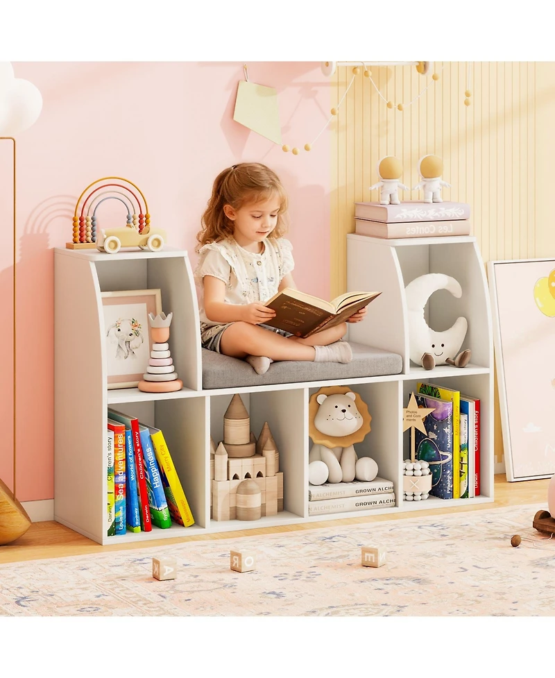 Gymax 40''Kids Bookshelf with Reading Nook 6 Storage Cubbies and Seat Cushion for Playroom