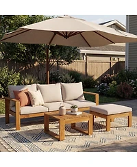 Asagikoiai 3-Piece Acacia Wood Outdoor Patio Sectional Sofa Set with Cushions and Ottoman