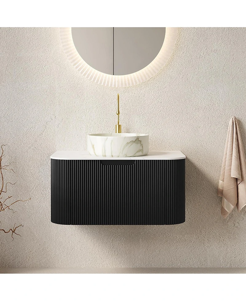 Sillysis Wall Mounted Bathroom Vanity with Carrara Sintered Stone Top, Round Ceramic Sink, Stripe Drawer