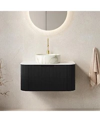 Sillysis Wall Mounted Bathroom Vanity With Carrara Sintered Stone Top Round Ceramic Sink Stripe Drawer Pre Assembled