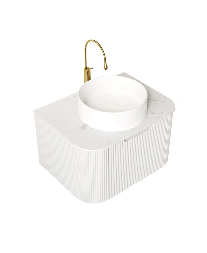 Sillysis Wall Mounted Bathroom Vanity with Sintered Stone Top, White Round Ceramic Sink, Striped Drawer