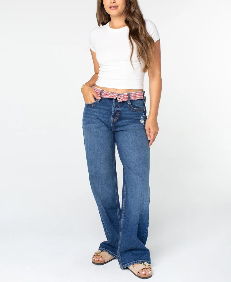 Celebrity Pink Juniors' Gingham Foldover-Waist Denim Jeans
