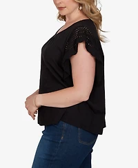 Ruby Rd. Plus Size Crochet Sleeve Solid Cotton T-Shirt