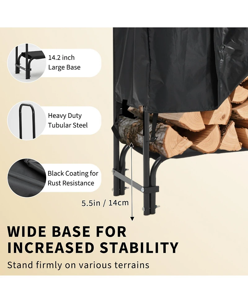 gaomon 8 ft Firewood Rack, Steel Log Holder for Outdoor Storage, Patio, Fireplace and Backyard with Waterproof Cover