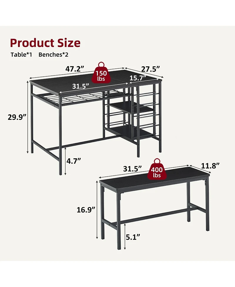 homfan 3 Piece Dining Table Set with Tuck-In Benches, Wine Bottle Storage, Stemware Holder and Adjustable Shelving Home Bar
