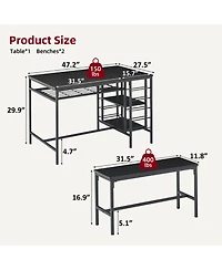 homfan 3 Piece Dining Table Set with Tuck-In Benches, Wine Bottle Storage, Stemware Holder and Adjustable Shelving Home Bar