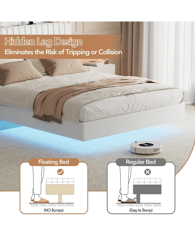 homfan floating platform bed frame with hidden legs, app-controlled Rgb Led lighting, headboard shelf, charging station, no box spring needed