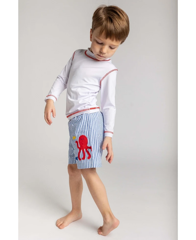 Florence Eiseman Toddler Boys Seersucker Swim Trunk With Octopus