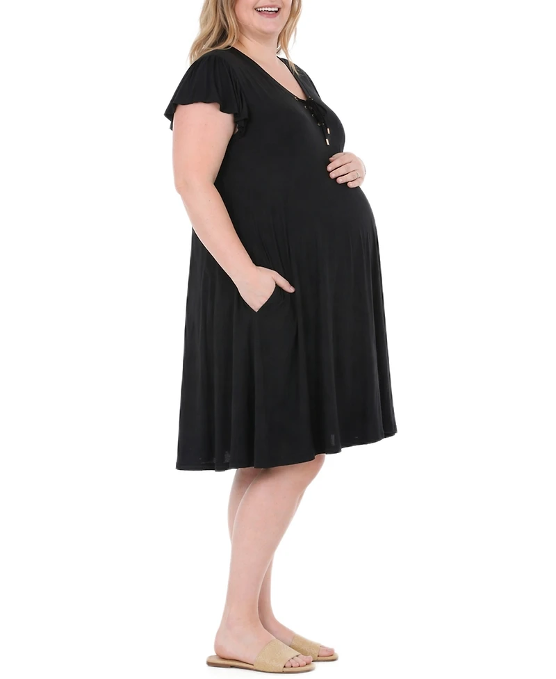 White Mark Plus Flutter-Sleeve Tie-Neck Maternity Dress