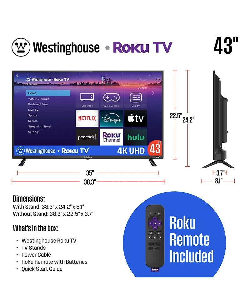 Westinghouse 43" Roku 4K Uhd Smart Tv w/ HDR10, Apple HomeKit, Alexa & Google Assistant