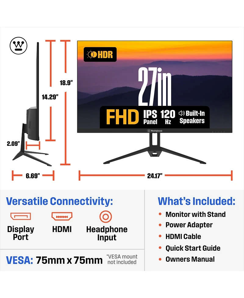 Westinghouse 27" Full Hd Ips Monitor, 120Hz, 1ms, Hdr, Adaptive Sync, Built-in Speakers, Hdmi & Vga