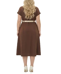 Ny Collection Plus Short Sleeve Button Front Belted A-Line Dress