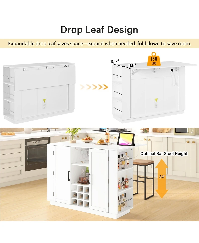 flynama 47.2" Kitchen Island with Drop Leaf and Power Outlet - Wine Bar Cabinet with Storage Shelves