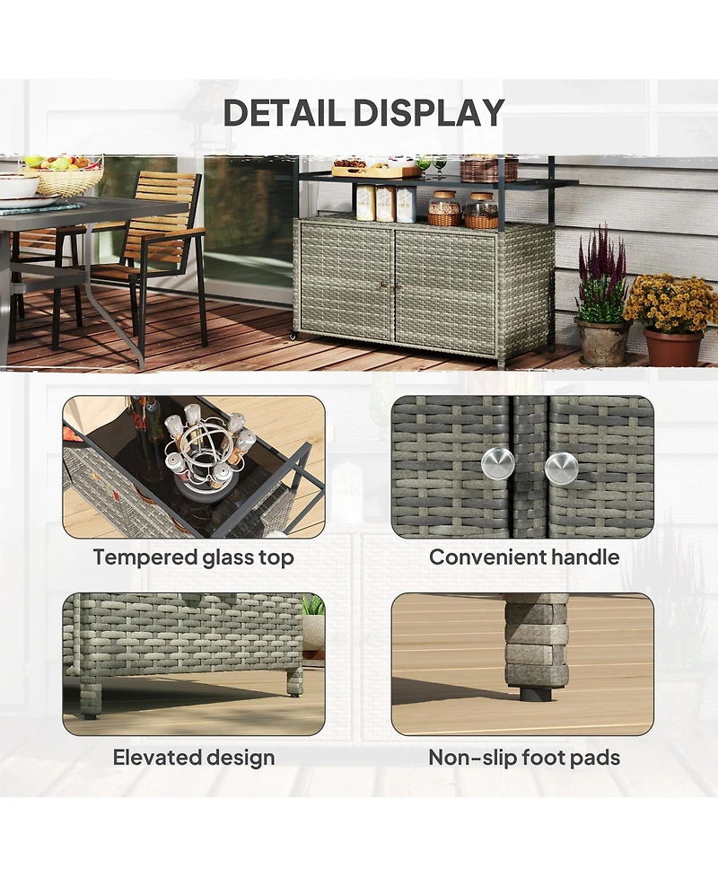 flynama Wicker Outdoor Bar Cart with 2-Tier Shelf and Cabinet