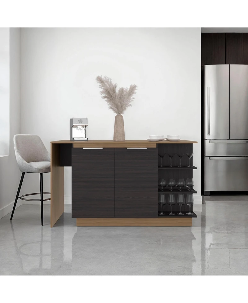 flynama Kitchen Bar Counter with Shelves and Cabinets, Wengue