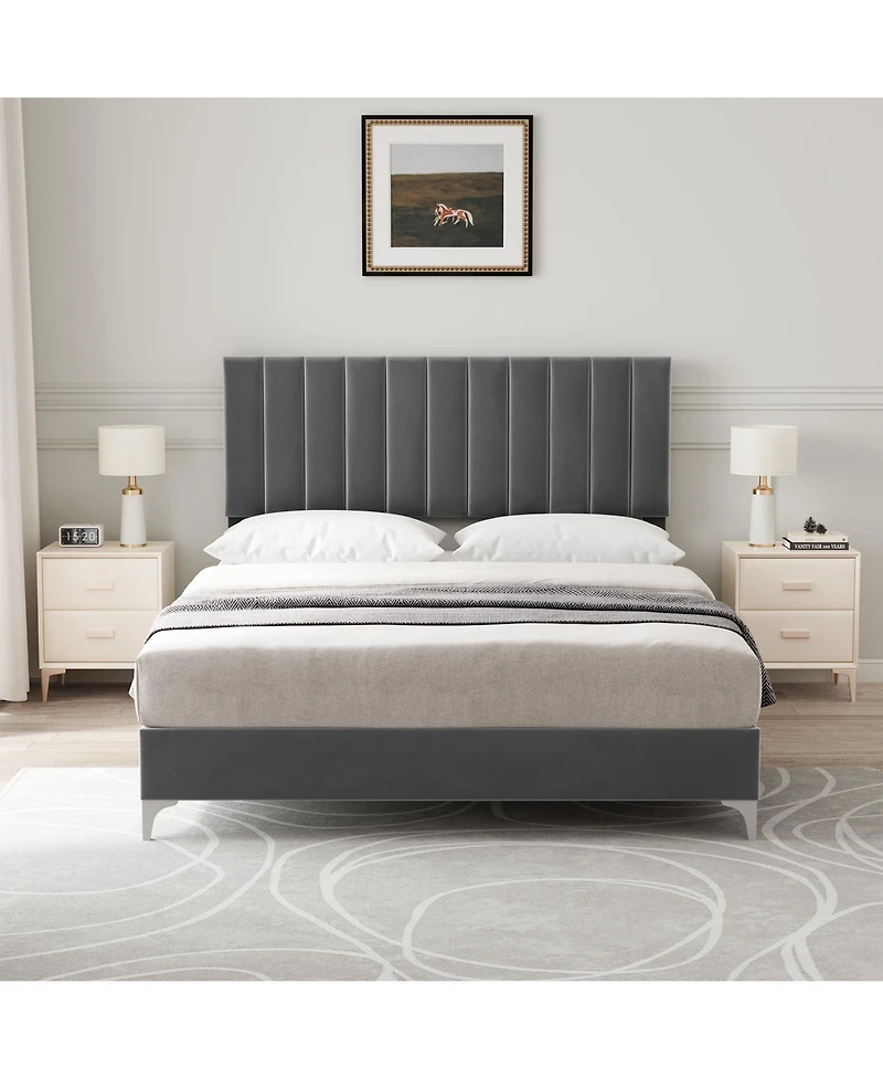 homfan Velvet Upholstered Platform Bed Frame with Adjustable Vertical Channel Headboard, Wooden Slats and No Box Spring Needed