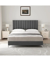 homfan Velvet Upholstered Platform Bed Frame with Adjustable Vertical Channel Headboard, Wooden Slats and No Box Spring Needed